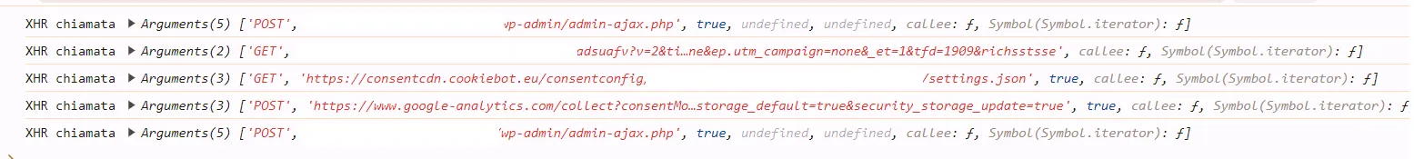La console di Chrome con i log delle chiamate XHR