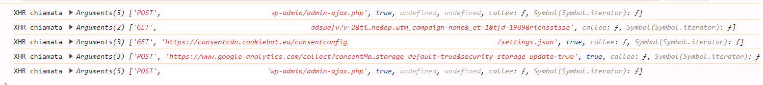 Console di Chrome con i log delle chiamate XHR intercettate, tra cui richieste verso admin-ajax.php, Cookiebot e Google Analytics