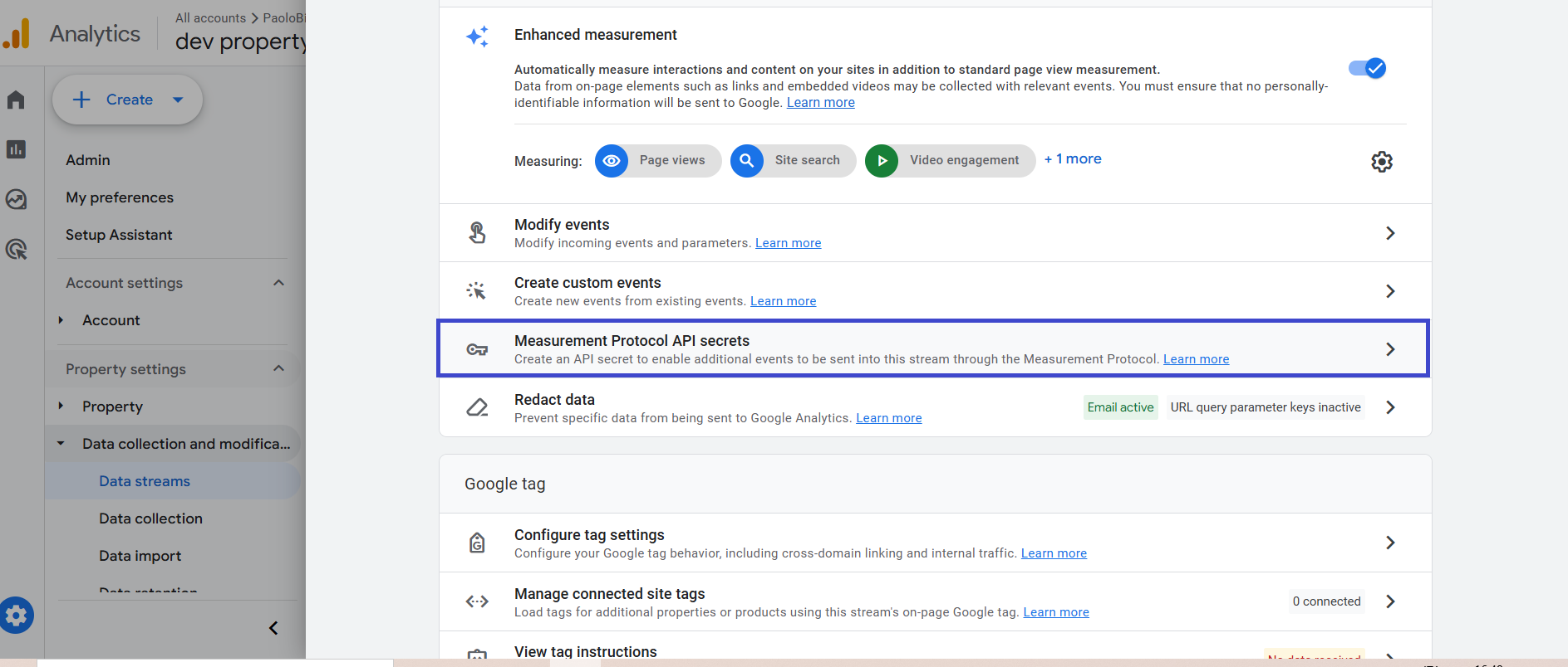 Dettagli dello stream web in GA4 con la voce “Measurement Protocol API secrets” evidenziata
