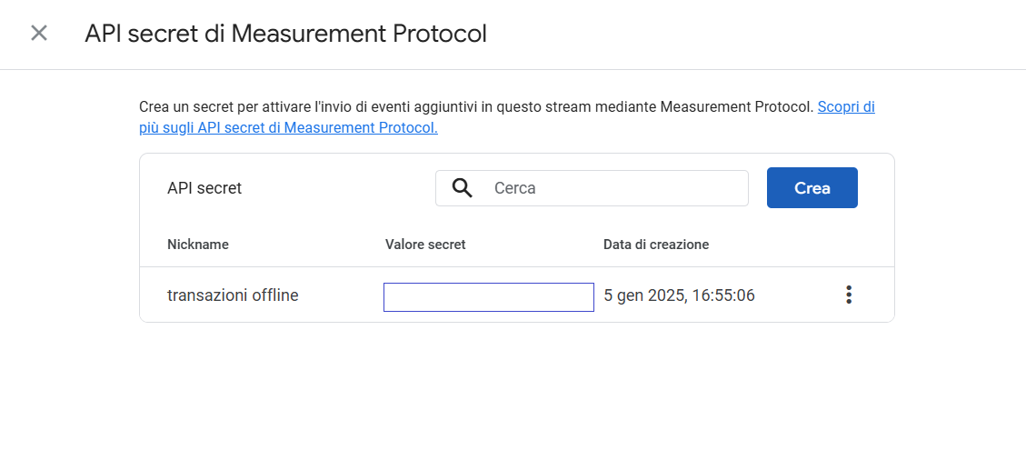 Elenco degli API secret in GA4 con il valore del secret appena creato pronto da copiare