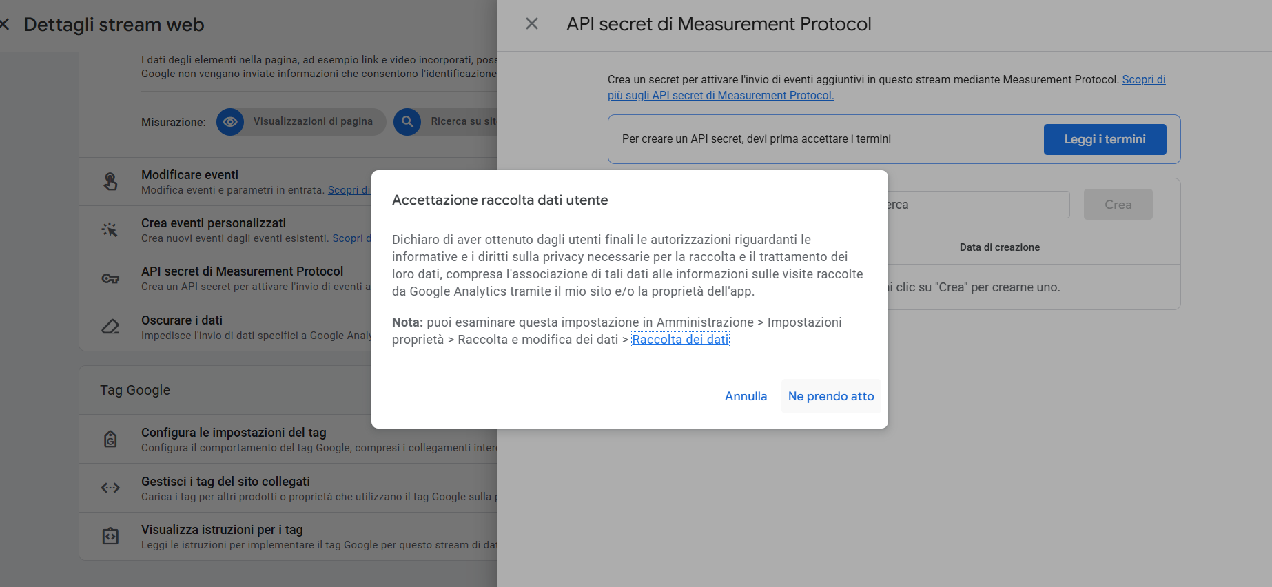 Finestra “Accettazione raccolta dati utente” da confermare prima di creare un API secret in GA4