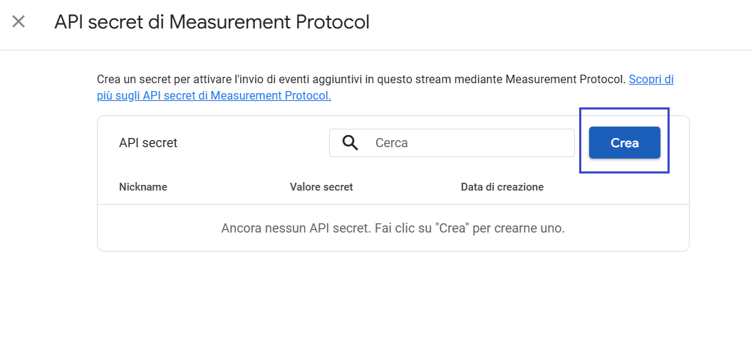 Pannello “API secret di Measurement Protocol” con il pulsante Crea evidenziato