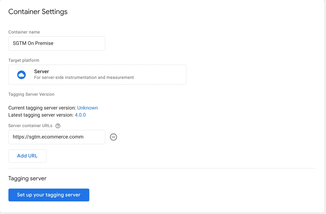 GTM Container Settings page with target platform Server and the tagging server URL entered under Server container URLs